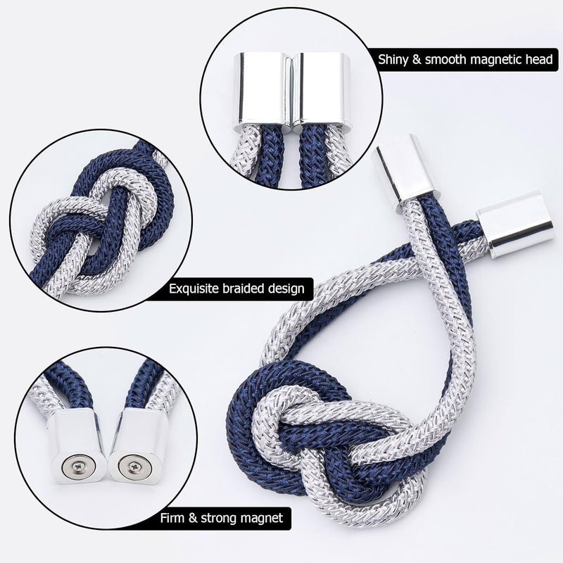 NICEEC 4 Pack Mini Magnetic Curtain Tiebacks Nordic Simple Style Drape Tie Backs Elegant Hand Weave Rope Knot Decorative Curtain Holdbacks for Home & Office Thin Window Drapery (Dark Blue & Grey) - Image 3