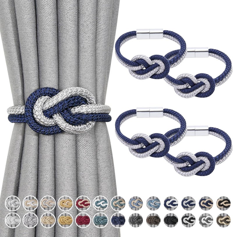 NICEEC 4 Pack Mini Magnetic Curtain Tiebacks Nordic Simple Style Drape Tie Backs Elegant Hand Weave Rope Knot Decorative Curtain Holdbacks for Home & Office Thin Window Drapery (Dark Blue & Grey) - Image 1