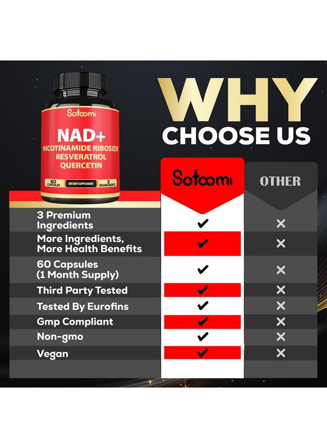 Satoomi - 3in1 1000mg Pure NAD+ Supplement with Liposomal Nicotinamide Riboside 900mg NR, Resveratrol, Quercetin - Cellular Energy & Repair, Vitality, Healthy Aging - 60 Count - Image 1