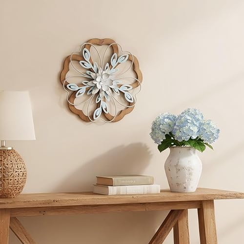 Remenna Metal Flowers Wall Decor, Rustic Floral Art, White & Blue, Farmhouse Hanging Decoration for Living Room, Bathroom, Garden - Image 4