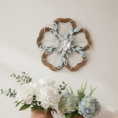 Remenna Metal Flowers Wall Decor, Rustic Floral Art, White & Blue, Farmhouse Hanging Decoration for Living Room, Bathroom, Garden - Image 5