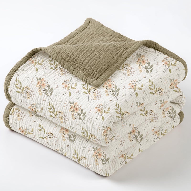 Lulu moon lulumoon Muslin Baby Blanket for Unisex Soft Cotton Receiving Blanket for Infant 4 Layer Reversible Breathable Crib Bedding for Stroller and Nursery Decor 47x47 Olive Flower - Image 2