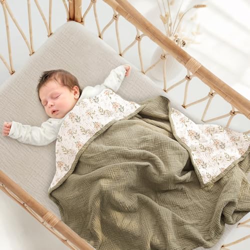 Lulu moon lulumoon Muslin Baby Blanket for Unisex Soft Cotton Receiving Blanket for Infant 4 Layer Reversible Breathable Crib Bedding for Stroller and Nursery Decor 47x47 Olive Flower - Image 3