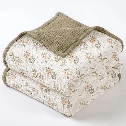 Lulu moon lulumoon Muslin Baby Blanket for Unisex Soft Cotton Receiving Blanket for Infant 4 Layer Reversible Breathable Crib Bedding for Stroller and Nursery Decor 47x47 Olive Flower - Image 1