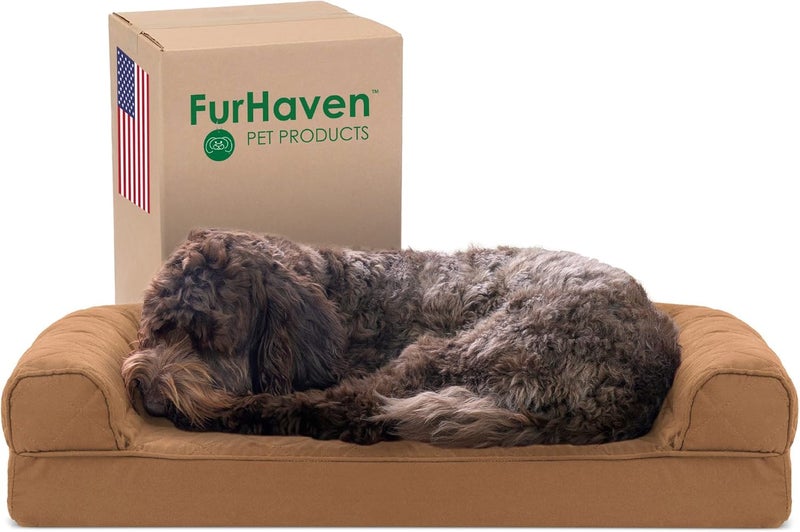 Furhaven Pet Dog Bed | Cooling Gel Memory Foam Quilted Traditional Sofa-Style Living Room Couch Pet Bed w/Removable Cover for Dogs & Cats, Toasted Brown, Medium - Image 1