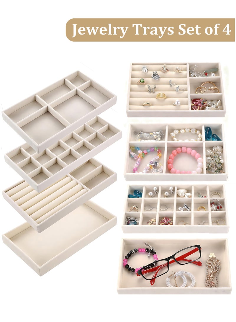 4 PCS Velvet Jewelry Trays Off-white, Jewelry Organizers for Earring, Necklace, Rings, Bracelet, Stackable Jewelry Display Tray, Drawer Storage for Jewelry Set, Jewelry Box with Removable Dividers - Image 1