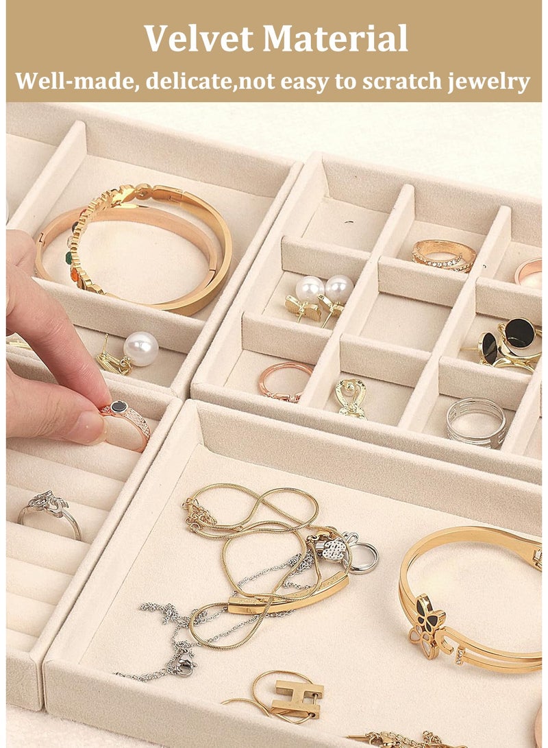 4 PCS Velvet Jewelry Trays Off-white, Jewelry Organizers for Earring, Necklace, Rings, Bracelet, Stackable Jewelry Display Tray, Drawer Storage for Jewelry Set, Jewelry Box with Removable Dividers - Image 3