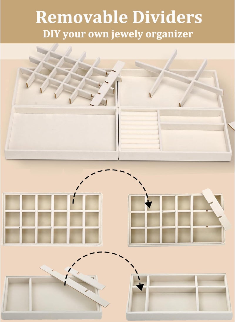 4 PCS Velvet Jewelry Trays Off-white, Jewelry Organizers for Earring, Necklace, Rings, Bracelet, Stackable Jewelry Display Tray, Drawer Storage for Jewelry Set, Jewelry Box with Removable Dividers - Image 4