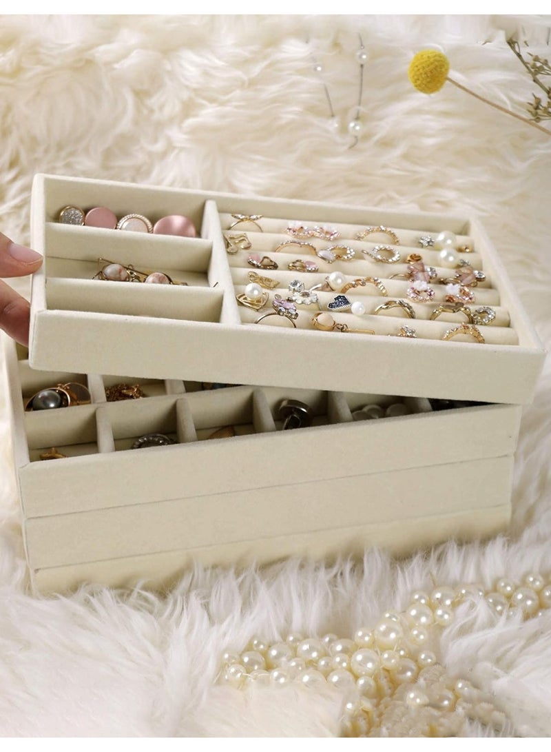 4 PCS Velvet Jewelry Trays Off-white, Jewelry Organizers for Earring, Necklace, Rings, Bracelet, Stackable Jewelry Display Tray, Drawer Storage for Jewelry Set, Jewelry Box with Removable Dividers - Image 5