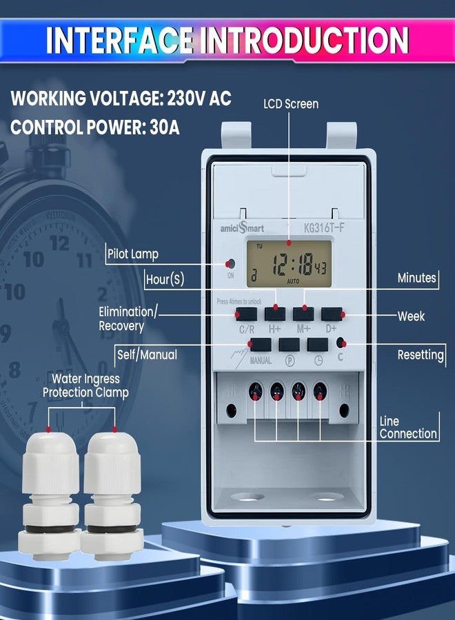 amiciSmart 230V 30A Digital Programmable Timer Switch with Loop Mode | IP65 Waterproof | 20 ON/Off Schedules | LCD Display | Auto Keyboard Lock | for Industrial & Home Automation - Image 2