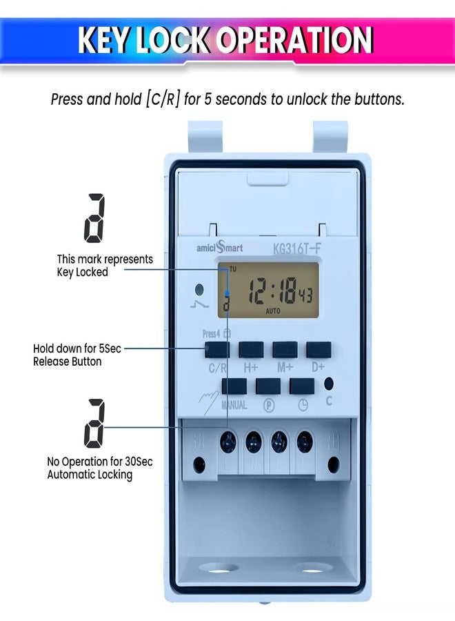 amiciSmart 230V 30A Digital Programmable Timer Switch with Loop Mode | IP65 Waterproof | 20 ON/Off Schedules | LCD Display | Auto Keyboard Lock | for Industrial & Home Automation - Image 5