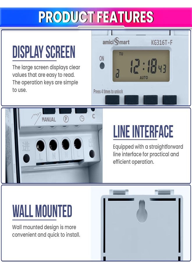 amiciSmart 230V 30A Digital Programmable Timer Switch with Loop Mode | IP65 Waterproof | 20 ON/Off Schedules | LCD Display | Auto Keyboard Lock | for Industrial & Home Automation - Image 3