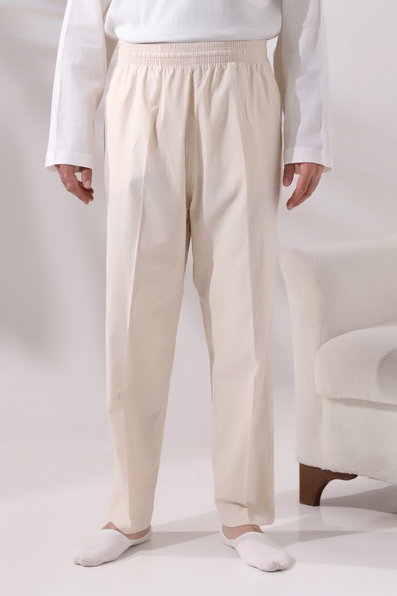 İhvan Online Men's Cream Çınar Casual Cut Elastic Waist Hajj and Umrah Linen Shalwar Trousers  - Image 3