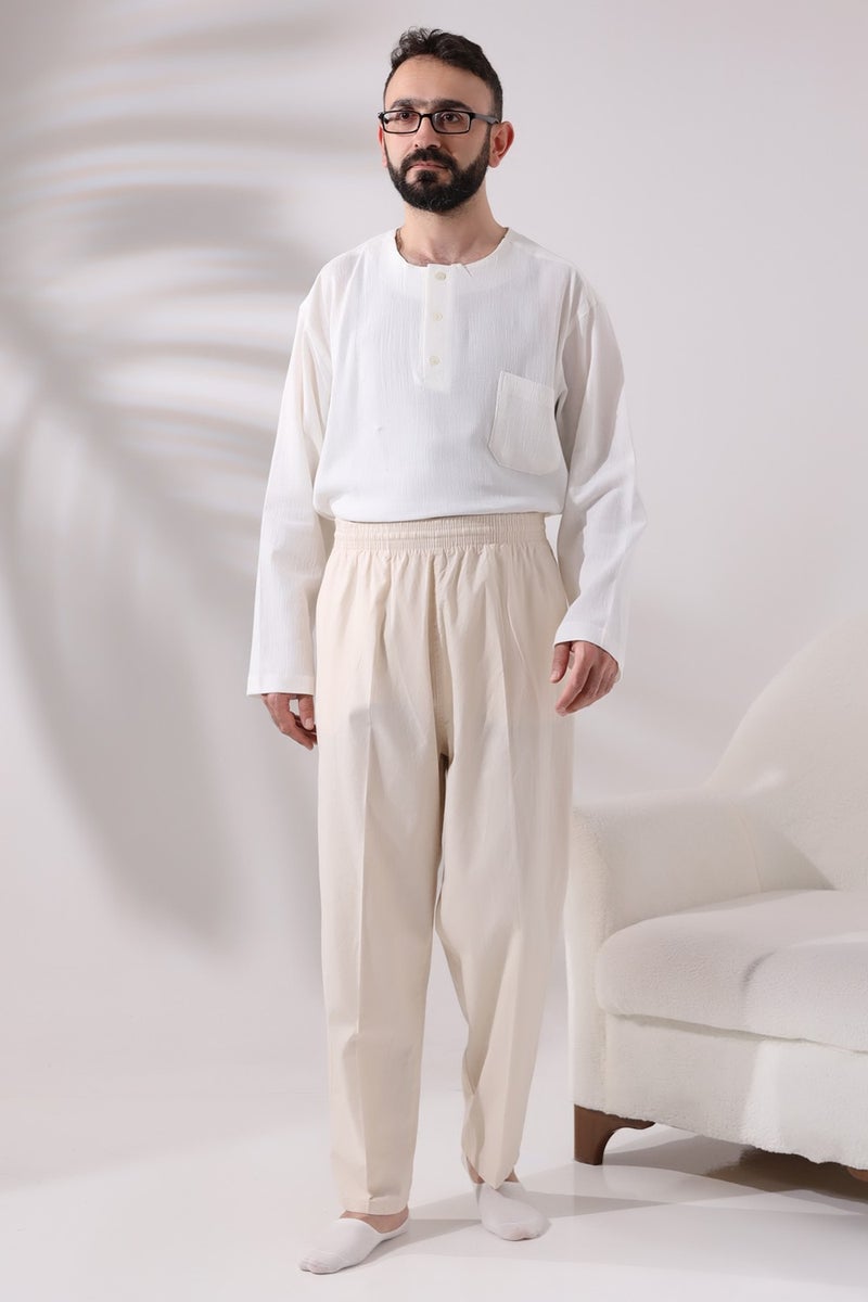 İhvan Online Men's Cream Çınar Casual Cut Elastic Waist Hajj and Umrah Linen Shalwar Trousers  - Image 2