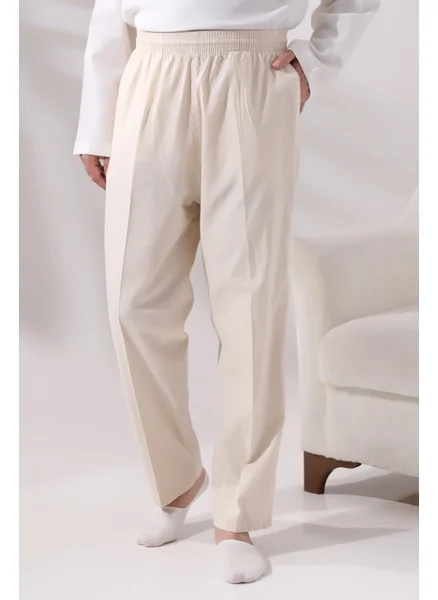 İhvan Online Men's Cream Çınar Casual Cut Elastic Waist Hajj and Umrah Linen Shalwar Trousers