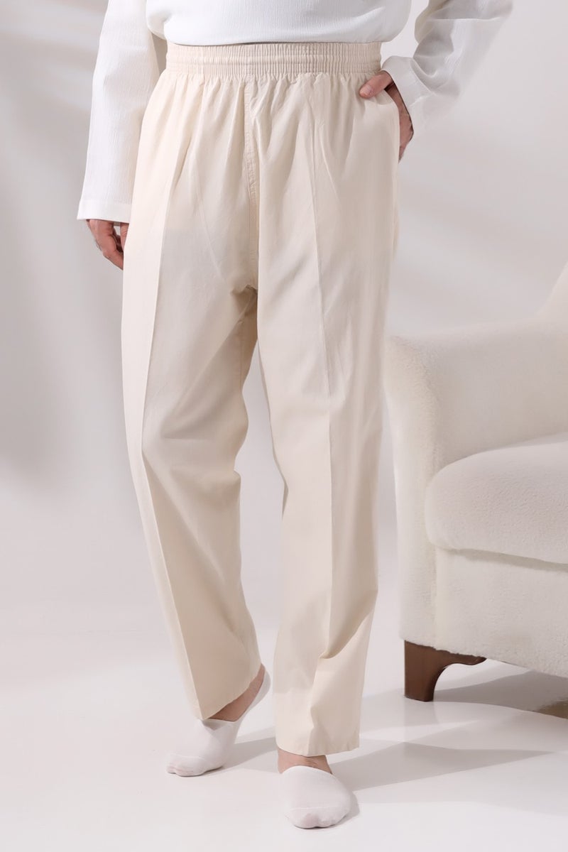 İhvan Online Men's Cream Çınar Casual Cut Elastic Waist Hajj and Umrah Linen Shalwar Trousers  - Image 1