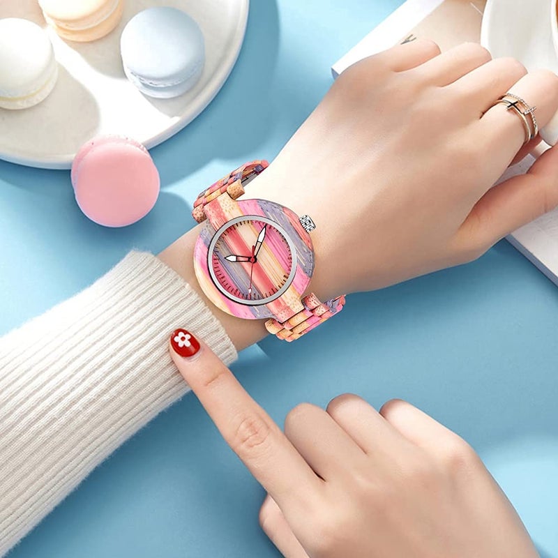 Dentily Colorful Wooden Women Watch Rainbow Natural Quartz Wooden Watches for Women - Image 5