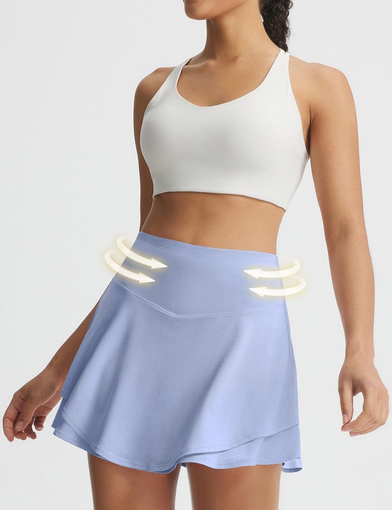 baleaf Tennis Skirt for Women Athletic Skirts with 2 Pockets Shorts Golf Skorts Double Ruffle Mini High Waisted Tummy Control Light Blue M - Image 2