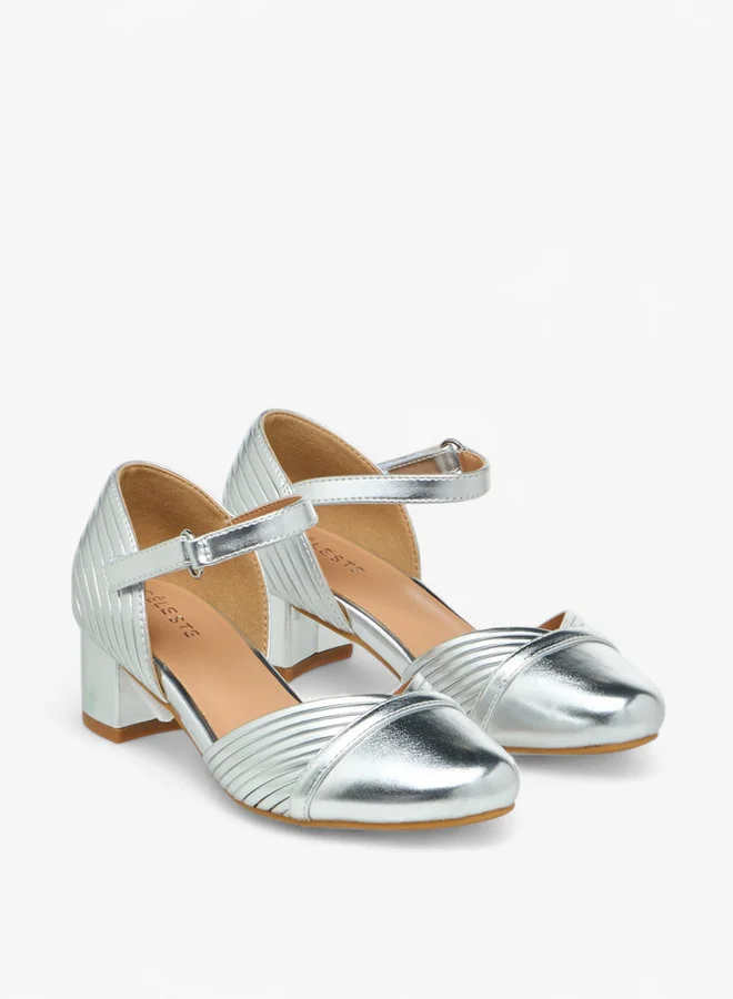 Celeste Girls' Metallic Block Heels Shoes with Hook and Loop Closure
