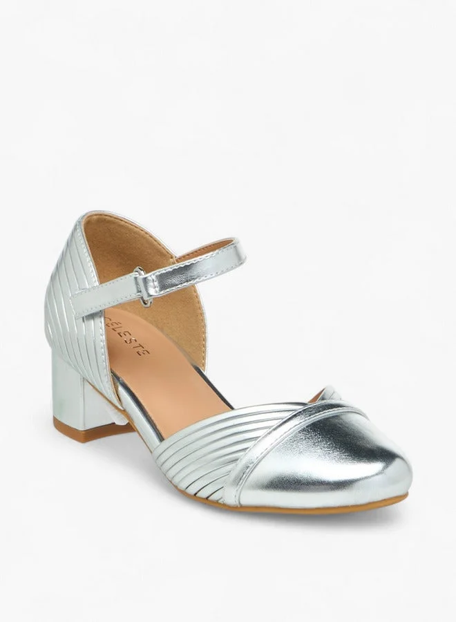 Celeste Girls' Metallic Block Heels Shoes with Hook and Loop Closure