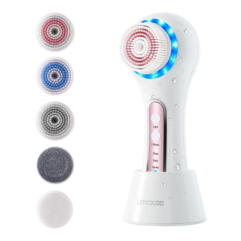 UMICKOO Face Scrubber Exfoliator, Rechargeable Facial Cleansing Brush with 2-Way Rotation & 3 Modes, 30-Day Runtime, 5 Brush Heads for SPA-Level Care, IPX7 Waterproof, Deep Cleaning for All Skin Types - Image 1
