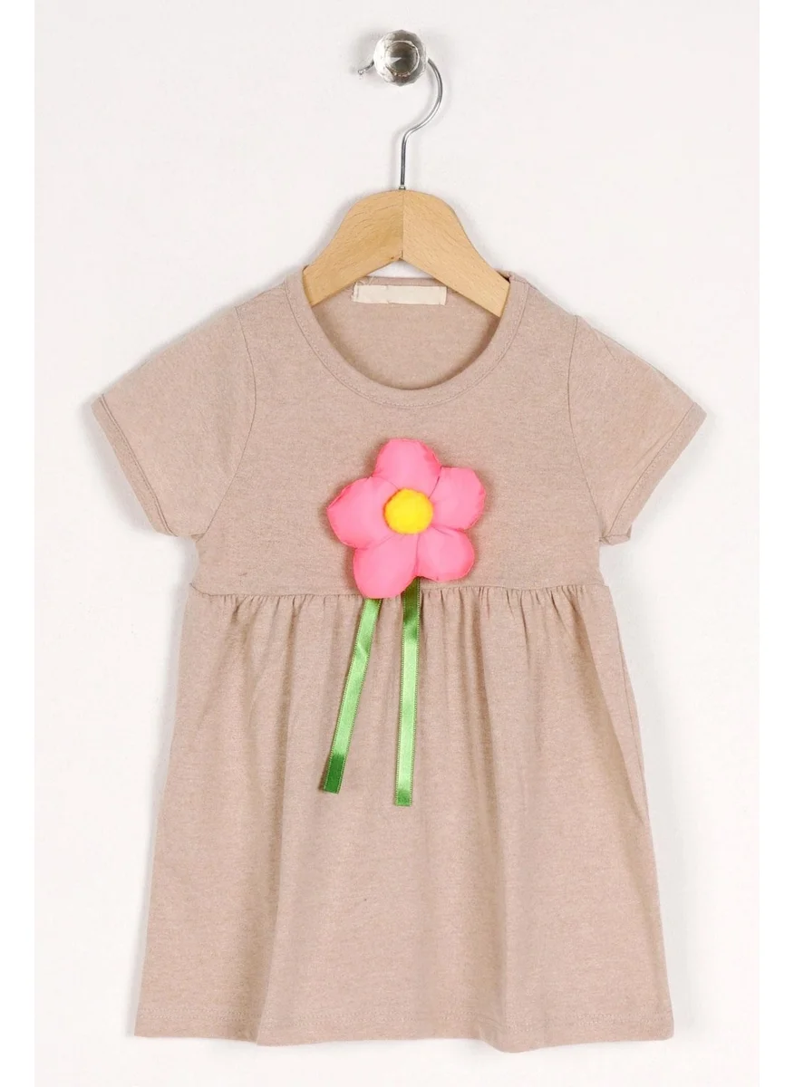 Zepkids Crew Neck Short Sleeve Puffy Flowered Mink Color Girl Dress