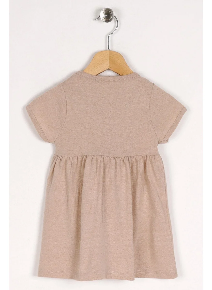 Zepkids Crew Neck Short Sleeve Puffy Flowered Mink Color Girl Dress