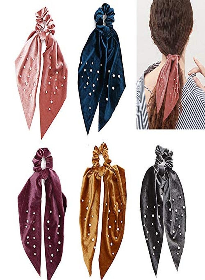 DINPREY 5 Pcs Velvet Scarf Hair Scrunchies Silk Ribbon Bow Scrunchies Super Soft Velvet Hair Ties Bowknot Scrunchies Bowknot Elegant Elastic Hair Bands Ponytail Holder (5 Packs A) - Image 1