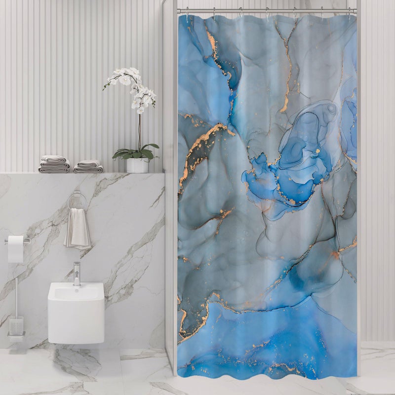 Gibelle Small Stall Shower Curtain 36 x 72  Narrow Half Abstract Blue Grey Marble Shower Curtain  Modern Ink Art Waterproof Fabric Shower Curtain Set with Hooks - Image 1