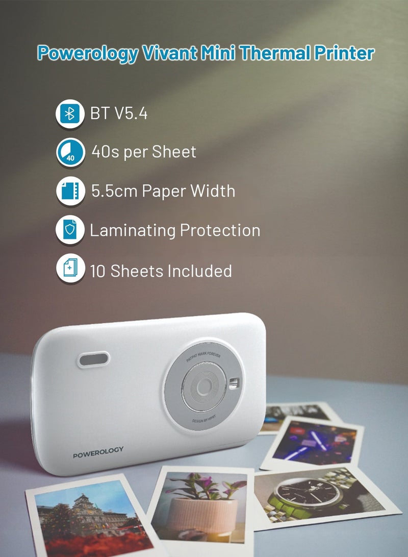 Powerology Vivant Mini Thermal Printer with 300 DPI Resolution/40 Seconds Fast Printing/ Rechargeable Compact & Portable Printer/Bluetooth/ Inkless Printing High Quality Photos - White - Image 4