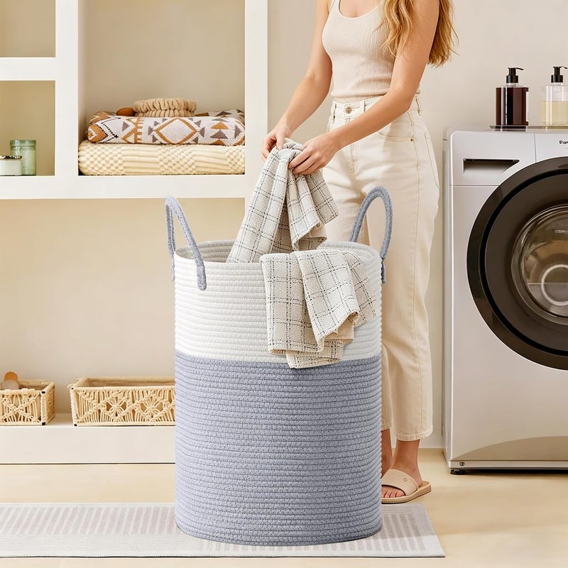 SunNewt Tall Laundry Basket with Handles, 100L Portable Dirty Clothes Hamper, Boho Cotton Rope Storage Bin for Blankets Kids Toys Gifts, Extra Large Organizer for Baby Nursery Bedroom Bathroom, Grey - Image 4