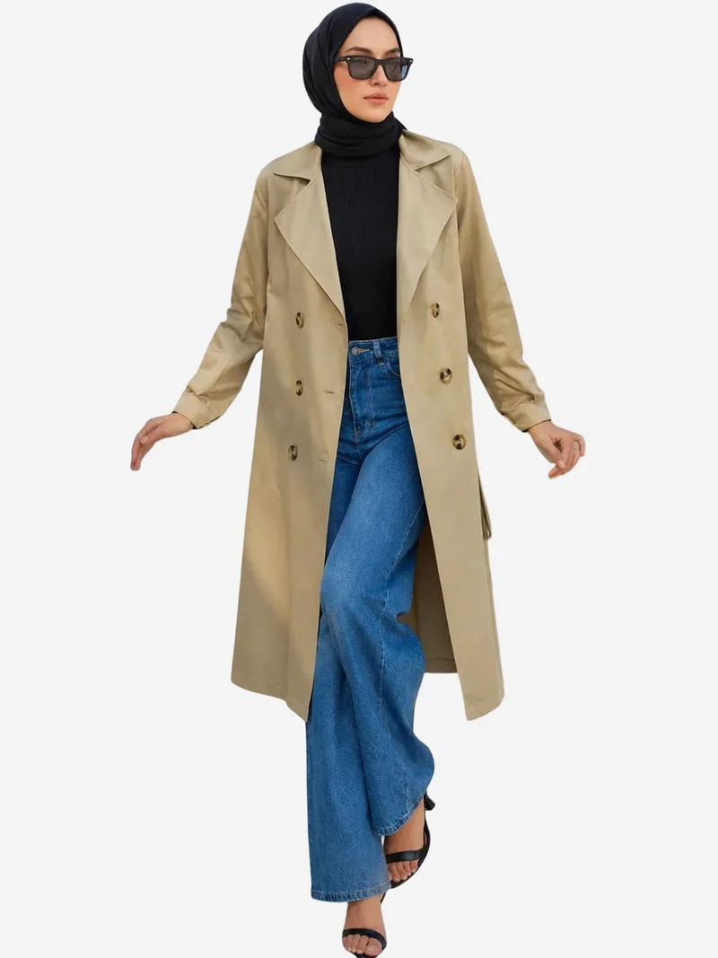 Big Dart Beige Natural BDART Double Breasted Long Trench Coat for Women | Best Price UAE