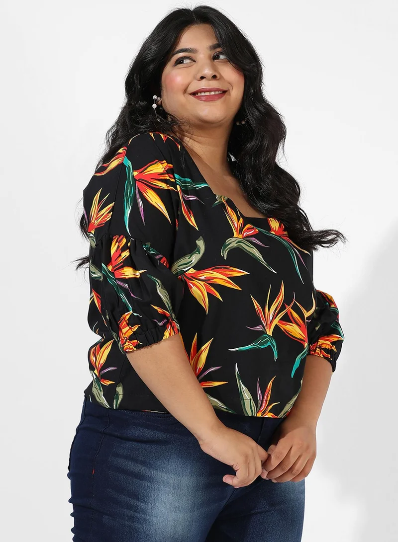 Instafab Plus Women's Black Botanical Print Top