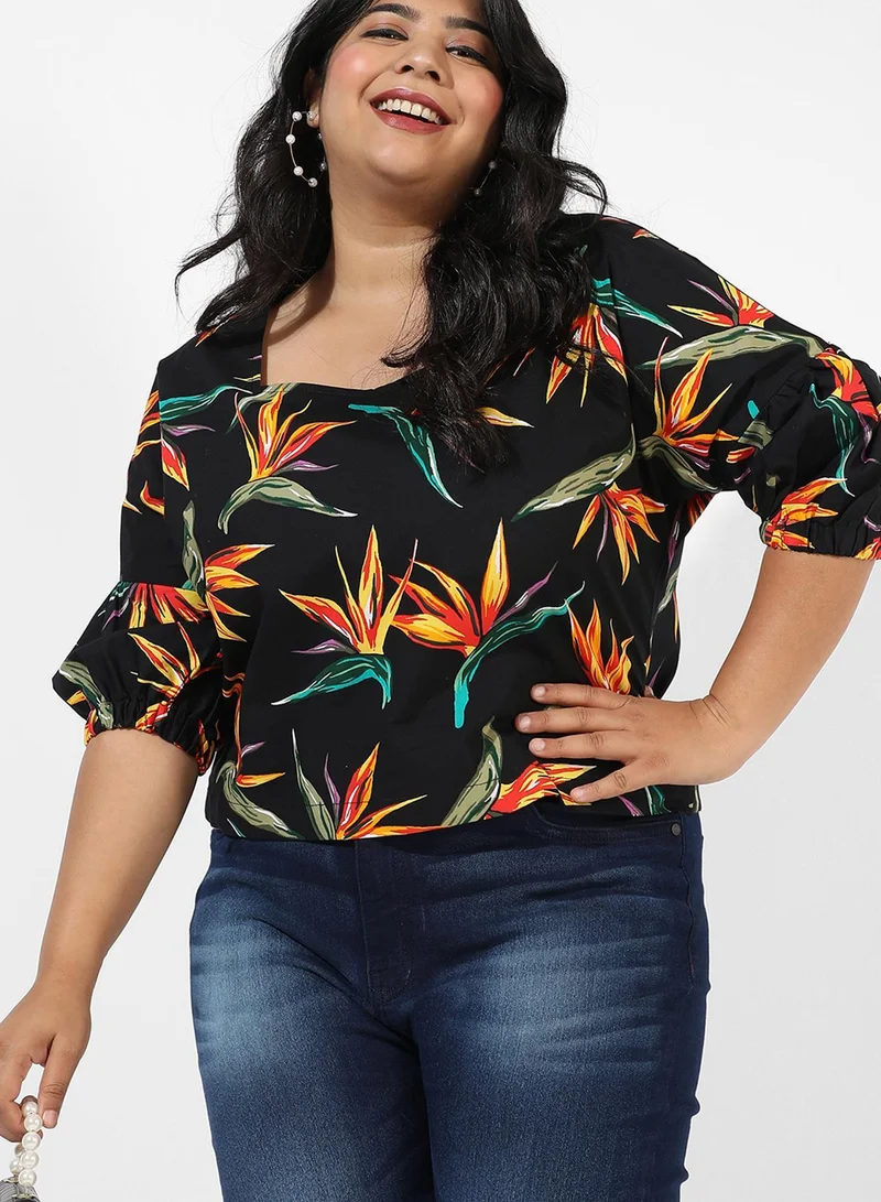Instafab Plus Women's Black Botanical Print Top