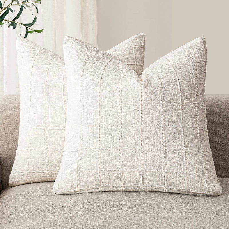 Foindtower Foindtower Set of 2 Decorative Linen Check Throw Pillow Covers Neutral Farmhouse Vintage Cushion Covers Modern Boho Home Decor for Sofa Chair Couch Bedroom Living Room Outdoor 22?22 Inch Cream White  - Image 1