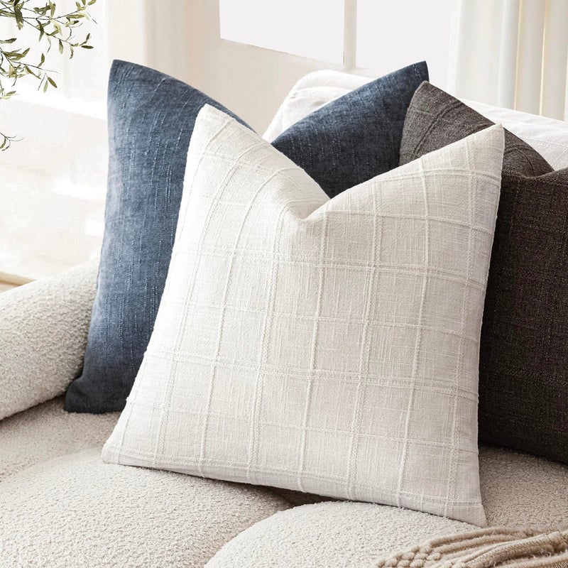 Foindtower Foindtower Set of 2 Decorative Linen Check Throw Pillow Covers Neutral Farmhouse Vintage Cushion Covers Modern Boho Home Decor for Sofa Chair Couch Bedroom Living Room Outdoor 22?22 Inch Cream White  - Image 5