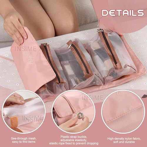 INSIME Foldable Makeup Pouch for Travelling | 4 Detachable Hanging Nylon Toiletry Bag for Women | Roll up Travel Makeup Organizer Pouch for Women Travel | Cosmetic Makeup Storage Organizer Bags - Image 2