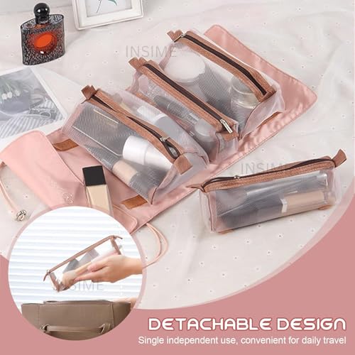 INSIME Foldable Makeup Pouch for Travelling | 4 Detachable Hanging Nylon Toiletry Bag for Women | Roll up Travel Makeup Organizer Pouch for Women Travel | Cosmetic Makeup Storage Organizer Bags - Image 3