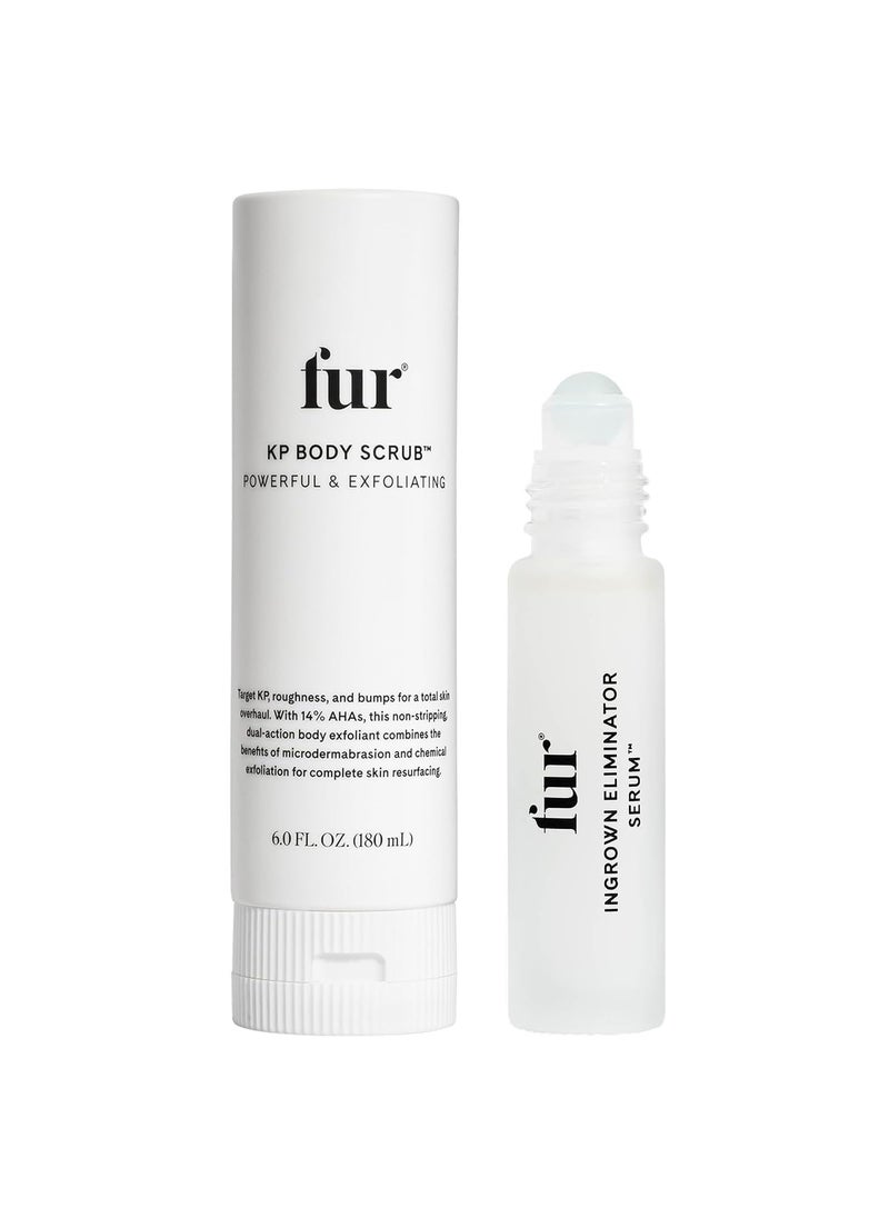 Fur Fur KP Body Scrub and Ingrown Eliminator Serum Rollerball Bundle KP Body Scrub with Powerful 14 AHAs for Keratosis Pilaris and Rollerball Serum for Ingrown Hair Treatment 