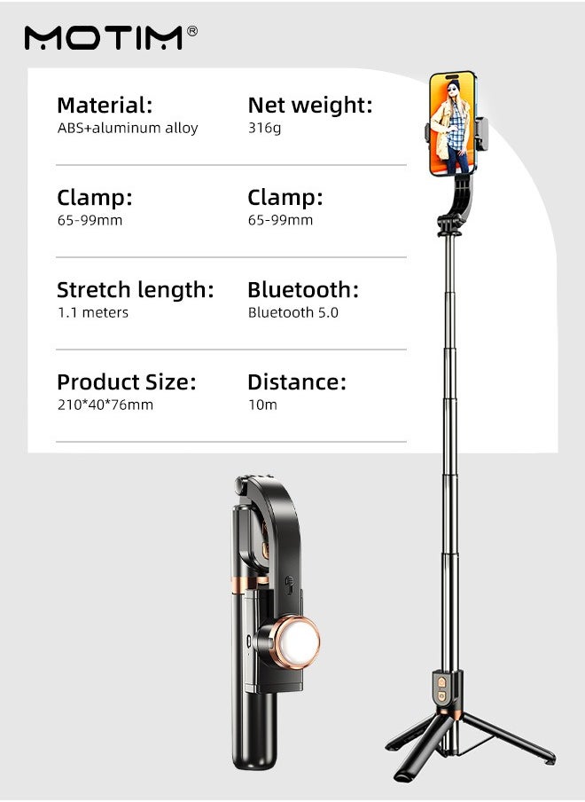 Handheld Phone Gimbal Stabilizer with Fill Light, Selfie Stick Tripod with 110cm Extension Rod, Mini AR Sensor Shaft with 360° Face Tracking, Smartphones Gimbal Stabiliser for Vlogging YouTube TikTok video Stabilizer, for iPhone & Android