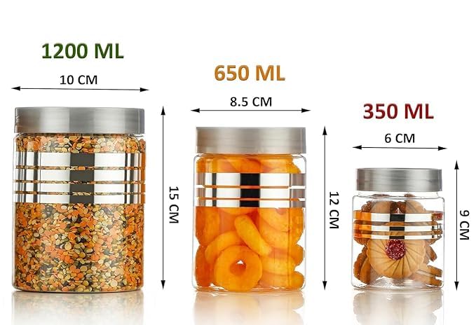SPECIFY Plastic Pet Storage Jar and Container, Set of 12 (4 pcs x350ml, 4 pcs x 650ml, 4 pcs x 1200ml) With Spoons Air Tight | Kitchen Organiser Improved Model Silver line Printed Jar - Image 5