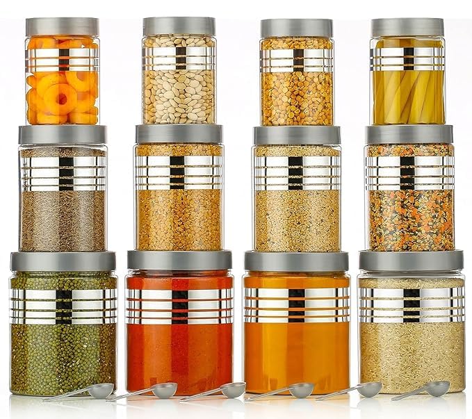 SPECIFY Plastic Pet Storage Jar and Container, Set of 12 (4 pcs x350ml, 4 pcs x 650ml, 4 pcs x 1200ml) With Spoons Air Tight | Kitchen Organiser Improved Model Silver line Printed Jar - Image 3