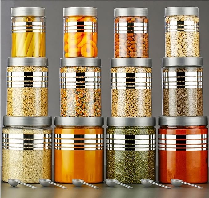 SPECIFY Plastic Pet Storage Jar and Container, Set of 12 (4 pcs x350ml, 4 pcs x 650ml, 4 pcs x 1200ml) With Spoons Air Tight | Kitchen Organiser Improved Model Silver line Printed Jar - Image 4