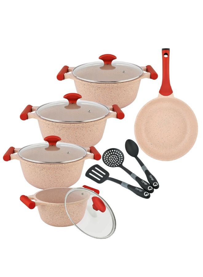 Prestige 12-Piece Granite Non-Stick Aluminium Essentials Gas Stovetop Compatible Cookware Set Includes 1xCasserole With Lid 20cm, 1xCasserole With Lid 24 cm, 1xCasserole With Lid 26 cm, 1xCasserole With Lid 28 cm, 1xFrying Pan 24 cm, 3x Cooking Tool Pink - Image 1