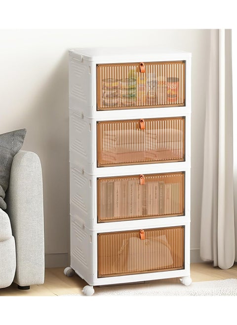 4 Tier Cabinet organizer, Foldable Container  with  Wheels，Drawer Unit with Wheels and Doors, Storage Box for Home Kitchen Bedroom