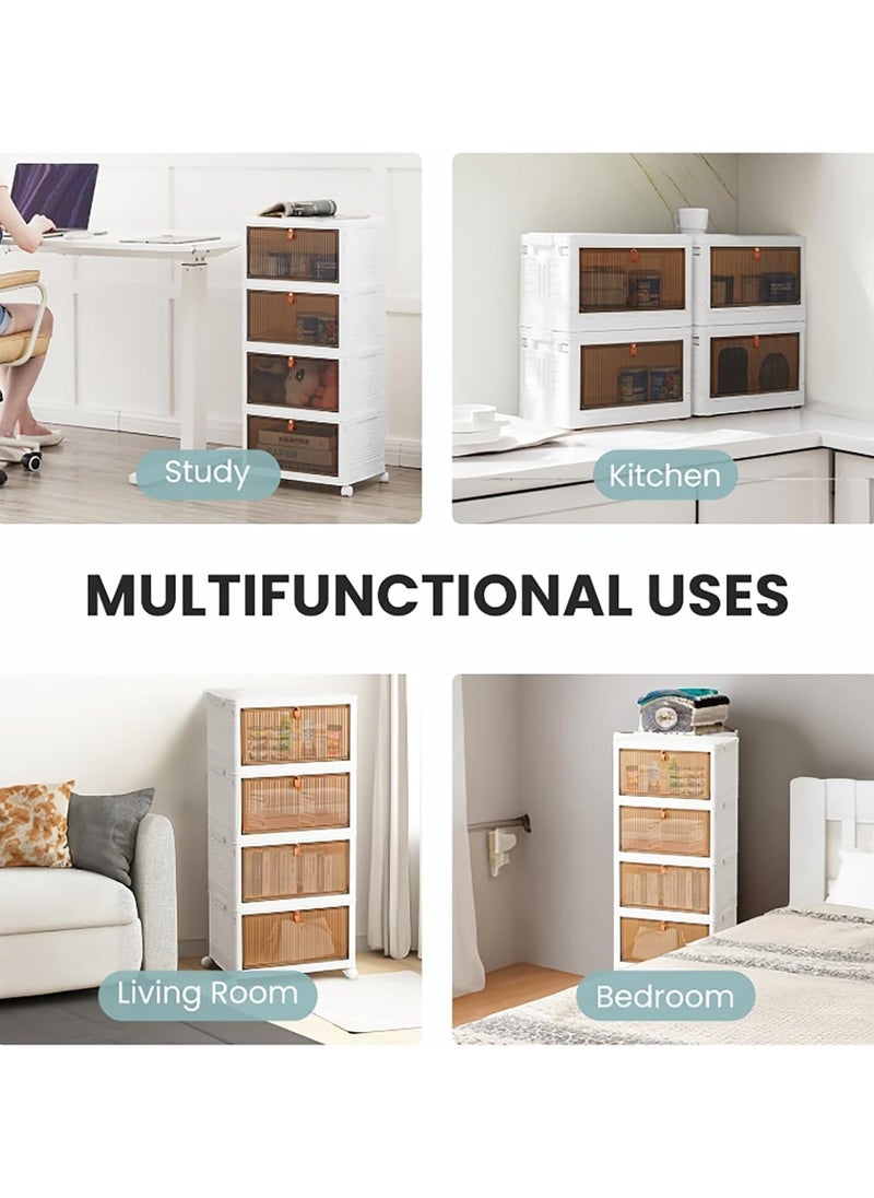 4 Tier Cabinet organizer, Foldable Container  with  Wheels，Drawer Unit with Wheels and Doors, Storage Box for Home Kitchen Bedroom