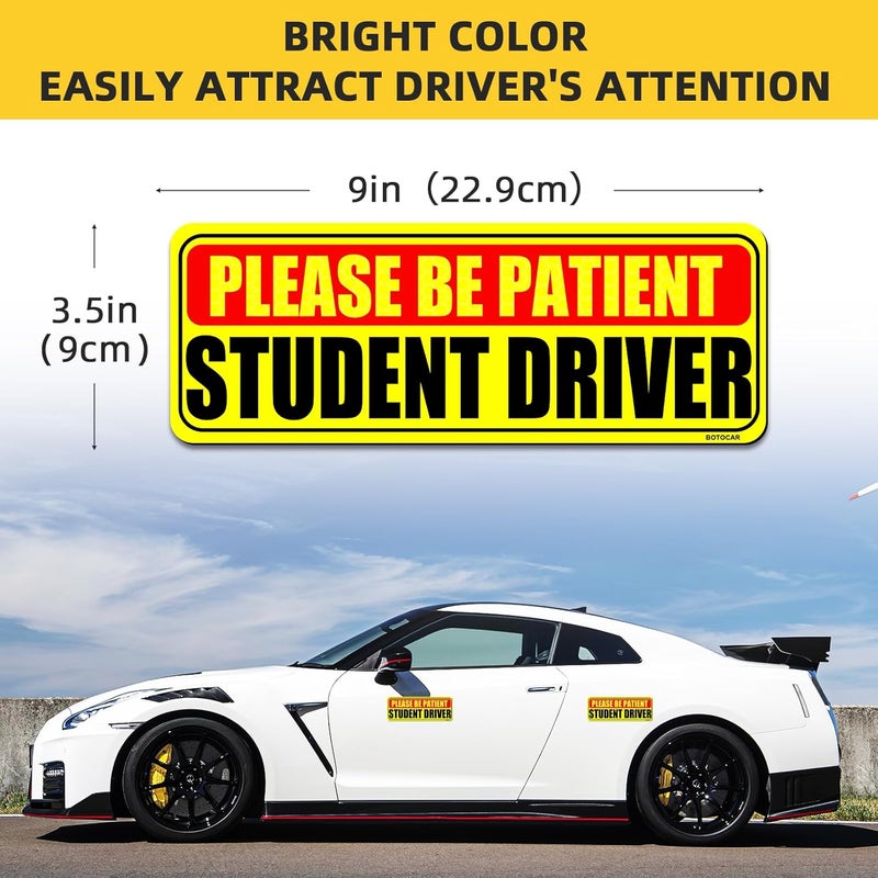 Botocar Student Driver Sticker Magnet for Car 3 Pack, Please Be Patient Student Driver Magnet, Magnetic New Drivers Vehicle Safety Sign, Yellow Large Bold Text 9 X 3.5 Inch - Image 2