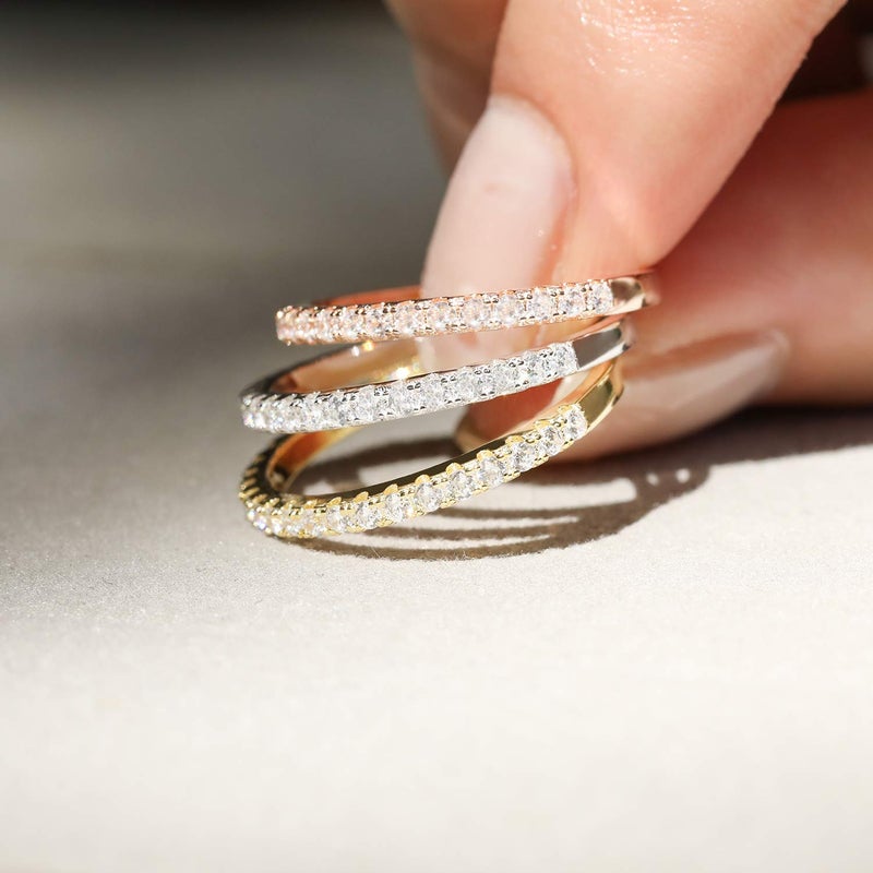 EAMTI 2mm 925 Sterling Silver Rose Gold Wedding Band Cubic Zirconia Half Eternity Stackable Engagement Ring Size 7 - Image 3