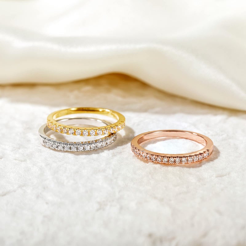 EAMTI 2mm 925 Sterling Silver Rose Gold Wedding Band Cubic Zirconia Half Eternity Stackable Engagement Ring Size 7 - Image 2