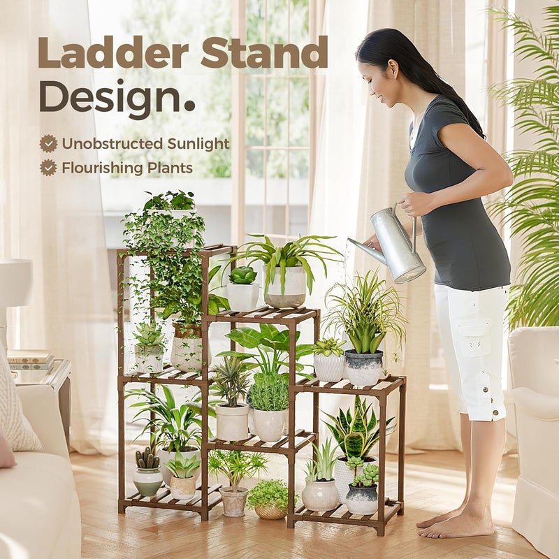 Bamworld Plant Stand Indoor Outdoor Tall Plant Shelf for Multiple Plants Pots Wood Flower Stand Large Flower Holder for Living Room, Patio, Balcony, Garden Decor, Brown - Image 5